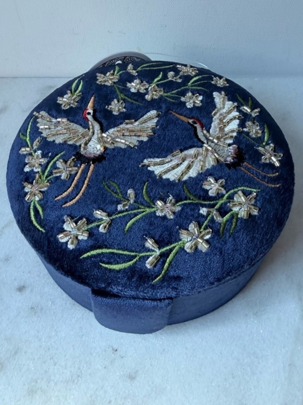 Embroidered Navy Velvet Decorative velvet Jewelry Box with Crane Motif travel